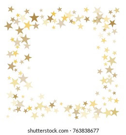 Gold Stars Glitter Confetti Square Frame. Shining Sparkles Circle Border Pattern On White With Golden Sky Objects, Star Dust. Abstract Vector Background Design Element