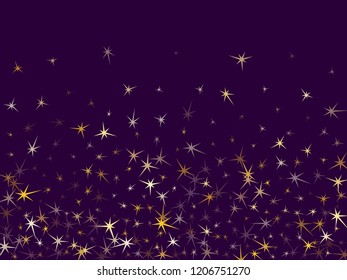 Gold stars glitter on dark violet. Geometric metallic starburst vector background. Shiny star sparkles pattern print. Xmas card decoration graphic design.