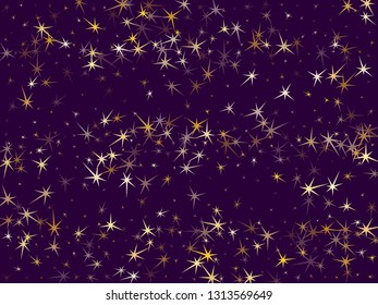 Gold stars glitter on dark violet. Geometric metallic starburst vector background. Glowing star sparkles birthday pattern. Xmas card decoration graphic design.