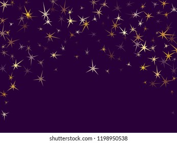 Gold stars glitter on ultra violet. Geometric metallic starburst vector background. Shiny star sparkles holiday pattern. Christmas decoration graphic design.