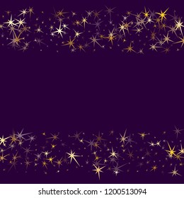 Gold stars glitter on ultra violet. Geometric metallic starry vector background. Magic star sparkles poster backdrop. Xmas card decoration graphic design.