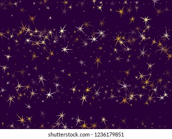 Gold stars glitter on ultra violet. Geometric metallic starburst vector background. Shiny star sparkles holiday pattern. Galaxy objects decoration graphic design.