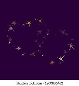 Gold stars glitter on violet. Geometric metallic tinsels vector background. Magic star sparkles poster backdrop. Sky objects decoration graphic design.