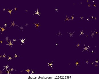 Gold stars glitter on violet. Geometric metallic stardust vector background. Night star dust sparkles success symbols. Sky objects decoration graphic design.