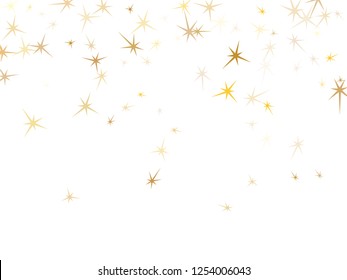 Gold stars glitter on white. Geometric metallic tinsels vector background. Abstract star sparkles birthday pattern. Christmas decoration graphic design.