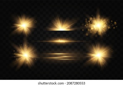 Gold stars, glow effect, glowing lights, sun.Vector.