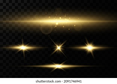Estrellas de oro, efecto de brillo, luces brillantes, sol.Vector.