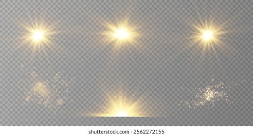 Gold stars, glow effect, glowing lights, sun.vector.