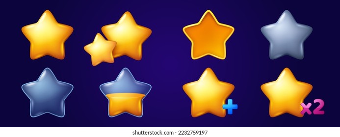 Gold stars icons for game ui interface. Symbols of award, achievement, rating, bonus with glossy buttons of yellow, silver and clear stars, vector cartoon set