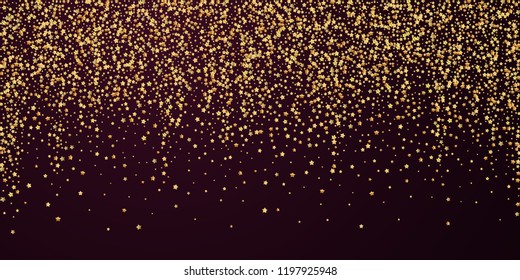 Gold stars luxury sparkling confetti. Scattered small gold particles on red maroon background. Awesome festive overlay template. Good-looking vector illustration.