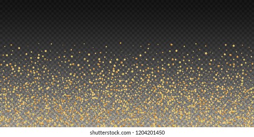 Gold stars luxury sparkling confetti. Scattered small gold particles on transparent background. Brilliant festive overlay template. Classy vector illustration.