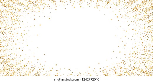 Gold stars luxury sparkling confetti. Scattered small gold particles on white background. Extraordinary festive overlay template. Overwhelming vector illustration.