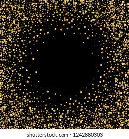 Gold stars luxury sparkling confetti. Scattered small gold particles on black background. Appealing festive overlay template. Sightly vector illustration.