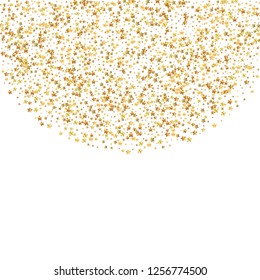 Gold stars luxury sparkling confetti. Scattered small gold particles on white background. Amusing festive overlay template. Majestic vector illustration.