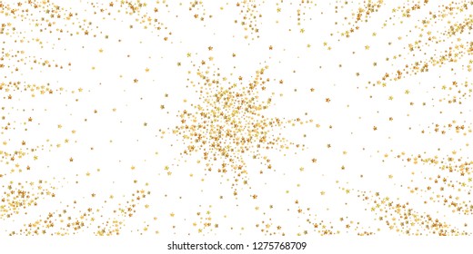 Gold stars luxury sparkling confetti. Scattered small gold particles on white background. Astonishing festive overlay template. Valuable vector illustration.