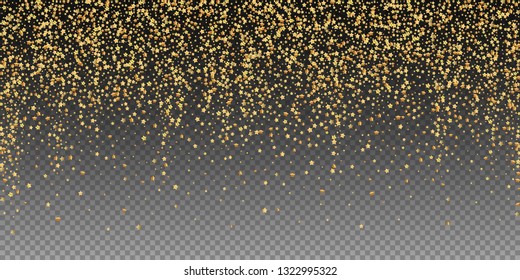 Gold stars luxury sparkling confetti. Scattered small gold particles on transparent background. Awesome festive overlay template. Gorgeous vector illustration.