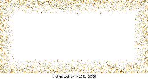 Gold stars luxury sparkling confetti. Scattered small gold particles on white background. Bold festive overlay template. Authentic vector illustration.