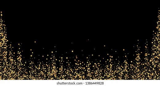 Gold stars luxury sparkling confetti. Scattered small gold particles on black background. Beautiful festive overlay template. Bold vector illustration.