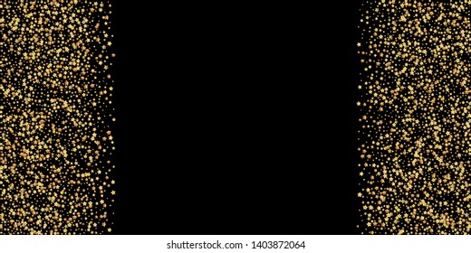 Gold stars luxury sparkling confetti. Scattered small gold particles on black background. Astonishing festive overlay template. Beauteous vector illustration.