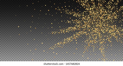 Gold stars luxury sparkling confetti. Scattered small gold particles on transparent background. Attractive festive overlay template. Fabulous vector illustration.