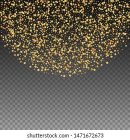 Gold stars luxury sparkling confetti. Scattered small gold particles on transparent background. Amusing festive overlay template. Magnificent vector illustration.