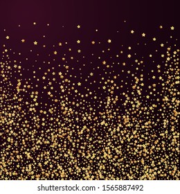 Gold stars luxury sparkling confetti. Scattered small gold particles on red maroon background. Adorable festive overlay template. Magnetic vector illustration.