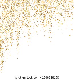 Gold stars luxury sparkling confetti. Scattered small gold particles on white background. Alive festive overlay template. Fresh vector illustration.