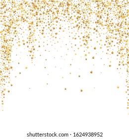 Gold stars luxury sparkling confetti. Scattered small gold particles on white background. Admirable festive overlay template. Precious vector illustration.