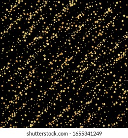 Gold stars luxury sparkling confetti. Scattered small gold particles on black background. Alive festive overlay template. Sightly vector illustration.
