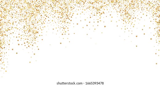 Gold stars luxury sparkling confetti. Scattered small gold particles on white background. Bizarre festive overlay template. Noteworthy vector illustration.