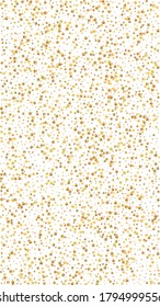 Gold stars luxury sparkling confetti. Scattered small gold particles on white background. Exceptional festive overlay template. Beautiful vector background.