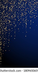 Gold stars luxury sparkling confetti. Scattered small gold particles on dark blue background. Emotional festive overlay template. Grand vector background.