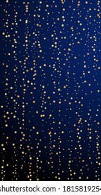 Gold stars luxury sparkling confetti. Scattered small gold particles on dark blue background. Elegant festive overlay template. Fantastic vector background.