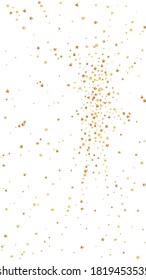 Gold stars luxury sparkling confetti. Scattered small gold particles on white background. Ecstatic festive overlay template. Superb vector background.