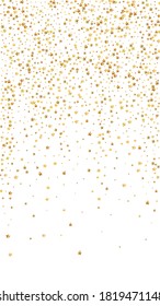 Gold stars luxury sparkling confetti. Scattered small gold particles on white background. Enchanting festive overlay template. Actual vector background.