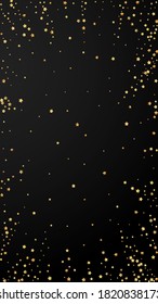 Gold stars luxury sparkling confetti. Scattered small gold particles on black background. Divine festive overlay template. Majestic vector background.