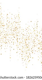 Gold stars luxury sparkling confetti. Scattered small gold particles on white background. Eminent festive overlay template. Classy vector background.