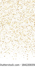 Gold stars luxury sparkling confetti. Scattered small gold particles on white background. Energetic festive overlay template. Immaculate vector background.