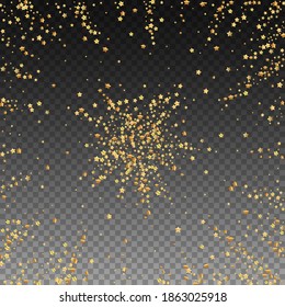 Gold stars luxury sparkling confetti. Scattered small gold particles on transparent background. Actual festive overlay template. Authentic vector illustration.