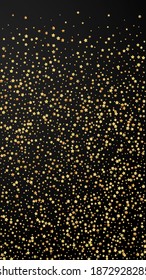 Gold stars luxury sparkling confetti. Scattered small gold particles on black background. Energetic festive overlay template. Elegant vector background.