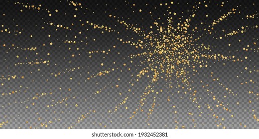 Gold stars luxury sparkling confetti. Scattered small gold particles on transparent background. Authentic festive overlay template. Curious vector illustration.