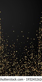 Gold stars luxury sparkling confetti. Scattered small gold particles on black background. Eminent festive overlay template. Valuable vector background.