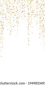 Gold stars luxury sparkling confetti. Scattered small gold particles on white background. Enchanting festive overlay template. Divine vector background.