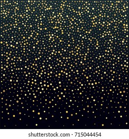 Gold stars night sky, christmas glitter yellow and brown dust falling down, flying circle Golden confetti elements. Sparkle dots, round tinsel elements celebration background vector illustration.