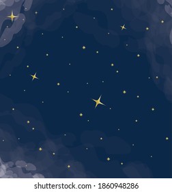 星の夜にぶら下がる黄色い星のイラスト かわいい星の顔 暗い空の夜の時間背景に壁紙テンプレートデザイン 夢想 空想 銀河 のイラスト素材