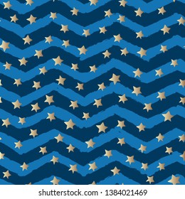 Gold Stars on navy wave strips . Silhouette Magical animal seamless Pattern