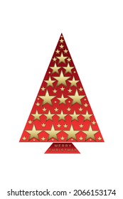 Gold stars on red tree, Merry Christmas vector illustration