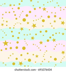 gold stars and  polka dot seamless pattern on on striped pastel color background, vector illustration