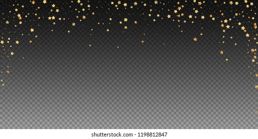 Gold stars random luxury sparkling confetti. Scattered small gold particles on transparent background. Beauteous festive overlay template. Powerful vector illustration.