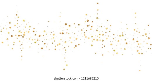 Gold Stars Random Luxury Sparkling Confetti. Scattered Small Gold Particles On White Background. Beauteous Festive Overlay Template. Exquisite Vector Illustration.